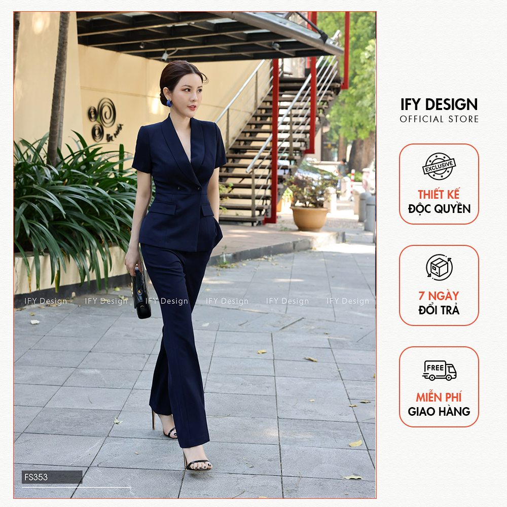 Áo vest nữ tay ngắn dáng ôm xòe thiết kế 2 túi, quần dài vải ống loa cạp to cao cấp quần thương hiệu IFY DESIGN - FS353