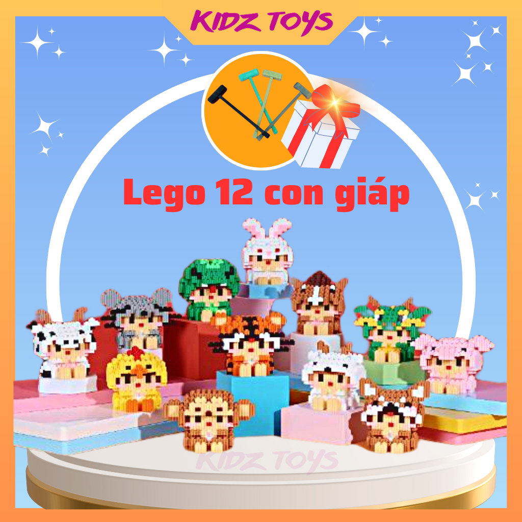 Lego 12 con giáp giá rẻ tặng kèm búa hỗ trợ lắp ráp, đồ chơi lắp xếp hình lego 12 cung hoàng đạo có đèn dễ thương cho bé