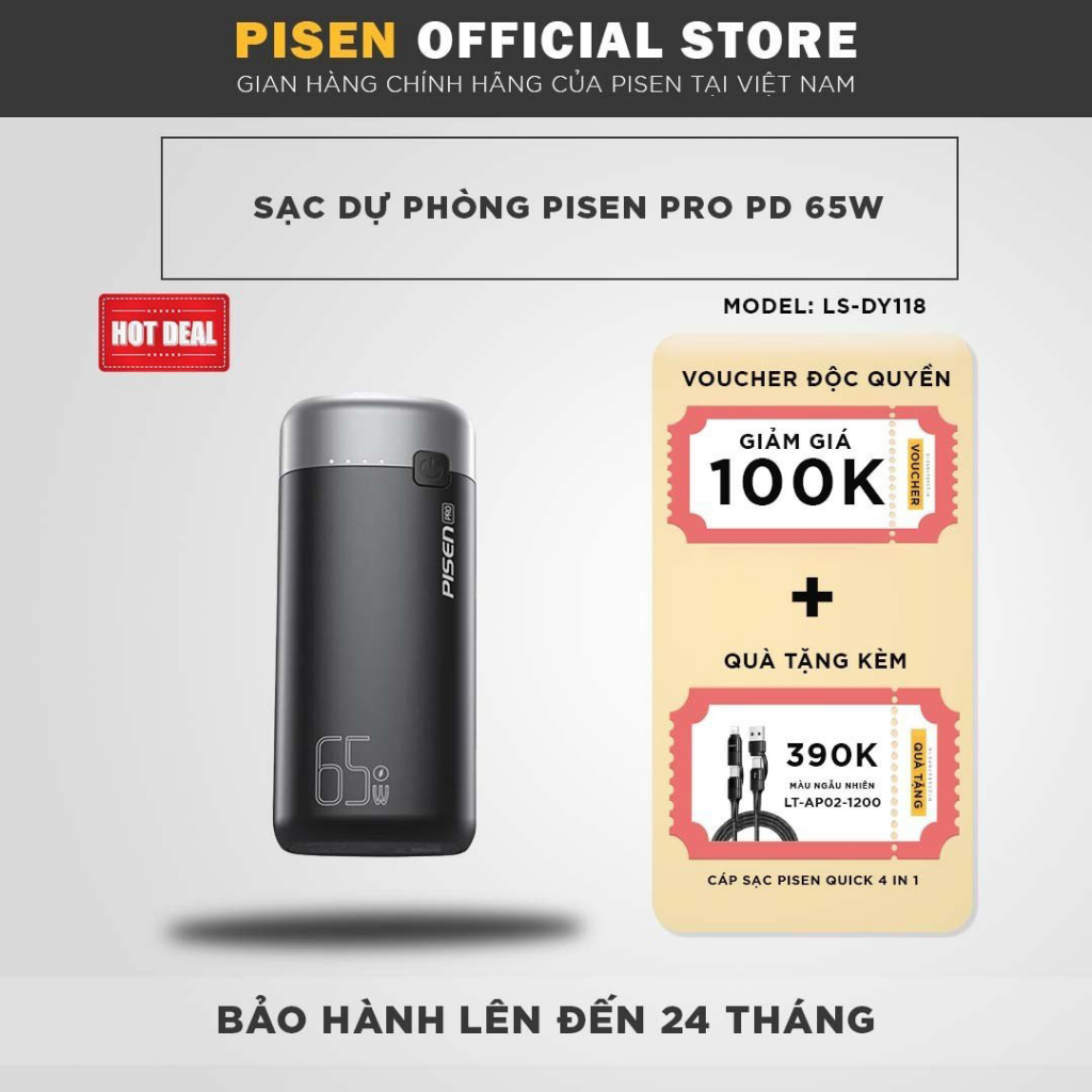 Sạc dự phòng PISEN PRO PD65-2 20000mAh (LED) 65W (LS-DY118), black
