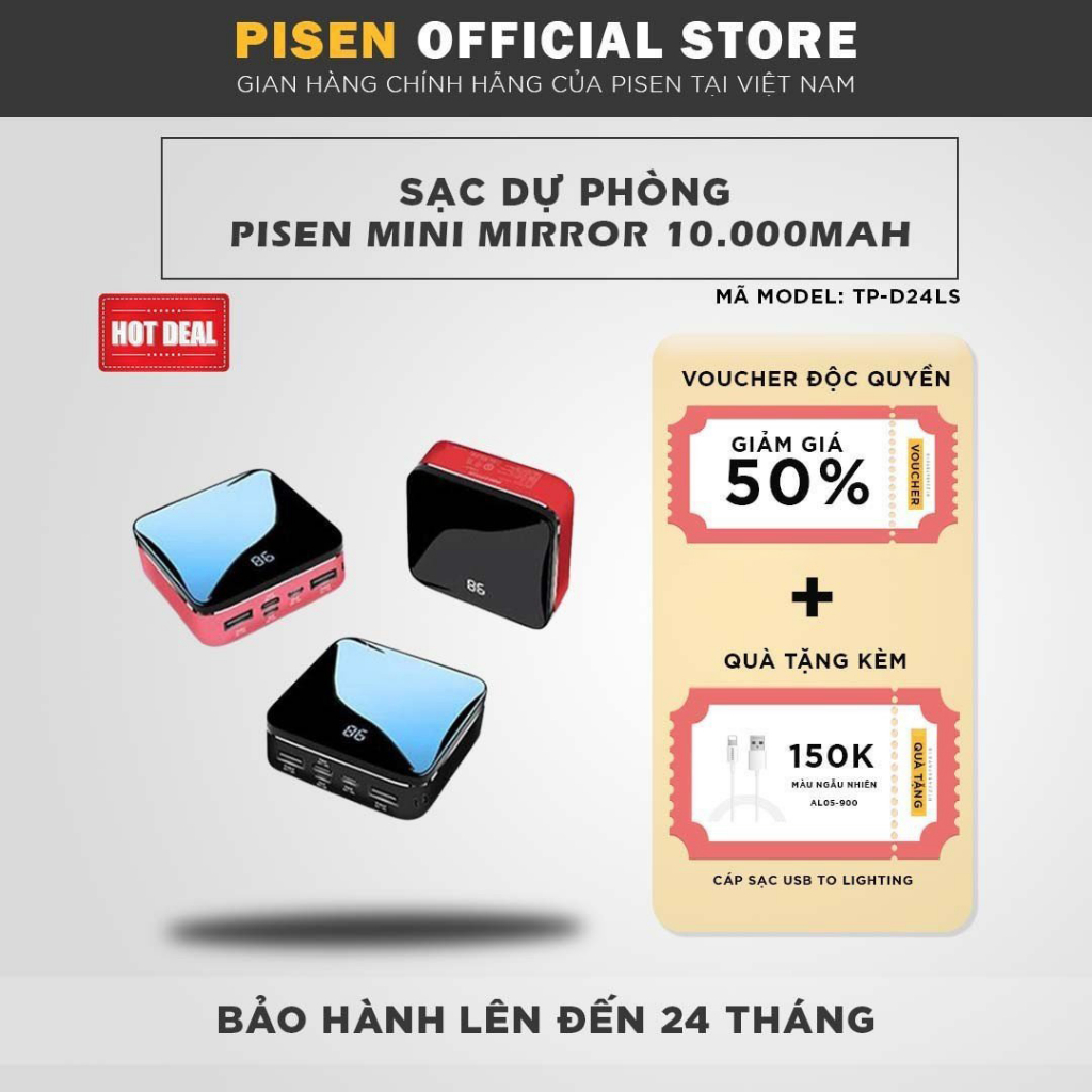 Sạc dự phòng Pisen Mini Mirror 10000mah, lắc để sạc, vật liệu hợp kim và kính cường lực, nhỏ gọn, bảo hành 24 tháng