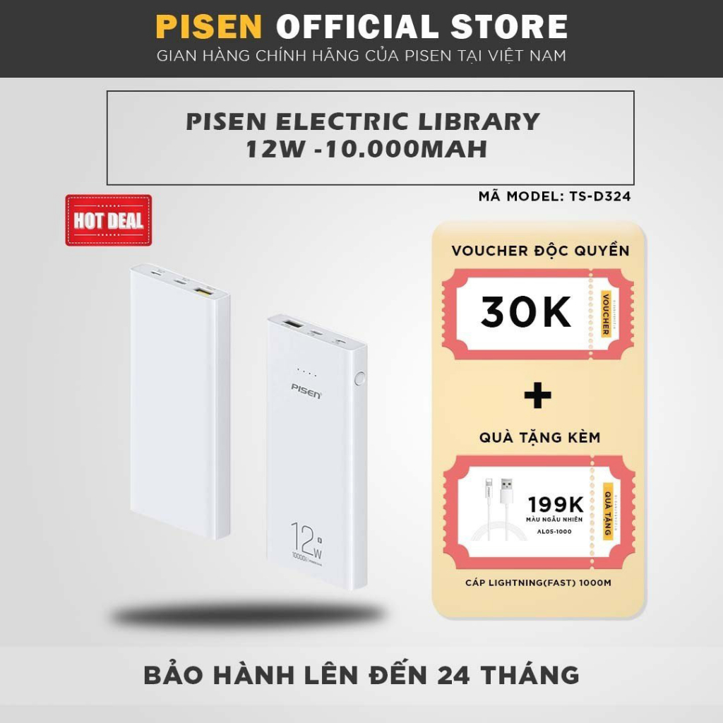 Sạc dự phòng PISEN Electric Library 10000mAh, model : TS-D324, màu trắng, bảo hành 24 tháng