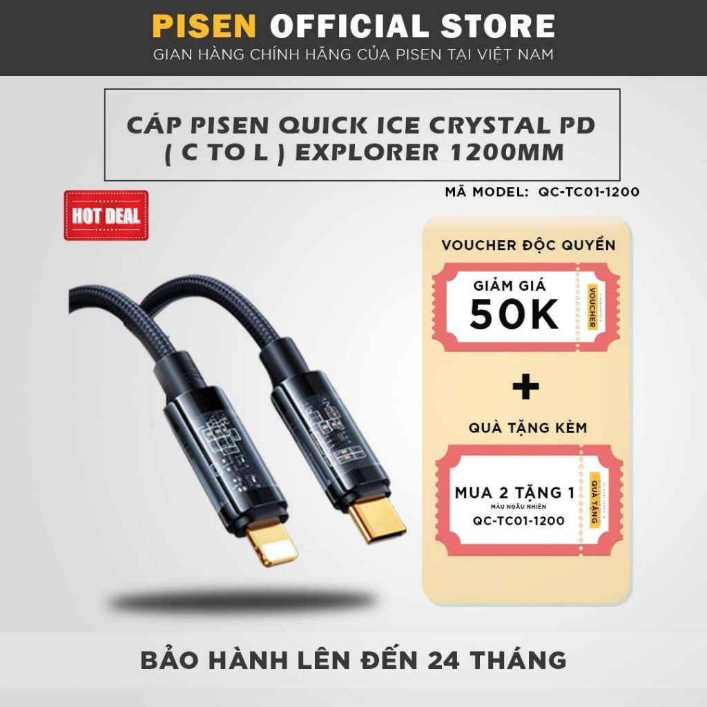 Cáp cao cấp Pisen USB-C to L sạc nhanh, công suất sạc 20W, model: QC-TC01-1200 - Hàng chính hãng, bảo hành 24 tháng