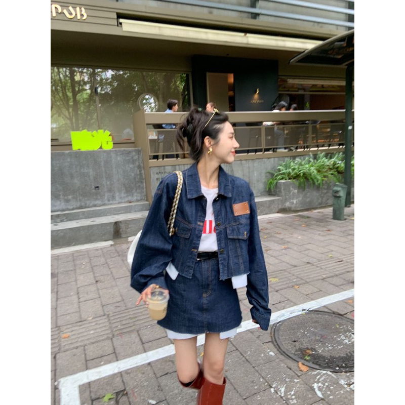 Set áo khoác và chân váy jean denim phối viền rách sơ mi retro cá tính vintage hot ulzzang