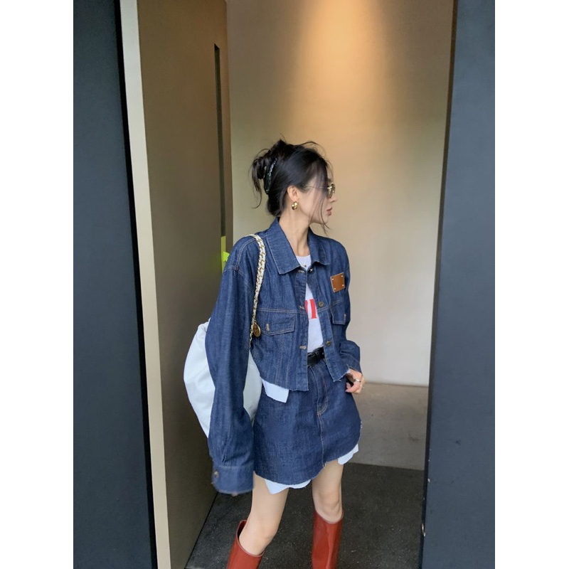 Set áo khoác và chân váy jean denim phối viền rách sơ mi retro cá tính vintage hot ulzzang