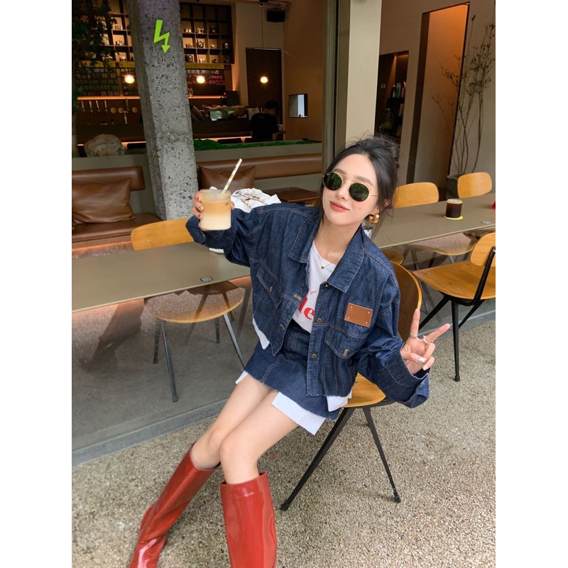Set áo khoác và chân váy jean denim phối viền rách sơ mi retro cá tính vintage hot ulzzang