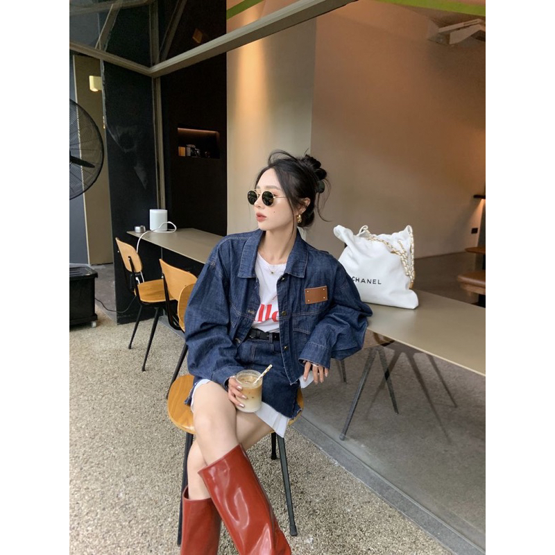 Set áo khoác và chân váy jean denim phối viền rách sơ mi retro cá tính vintage hot ulzzang