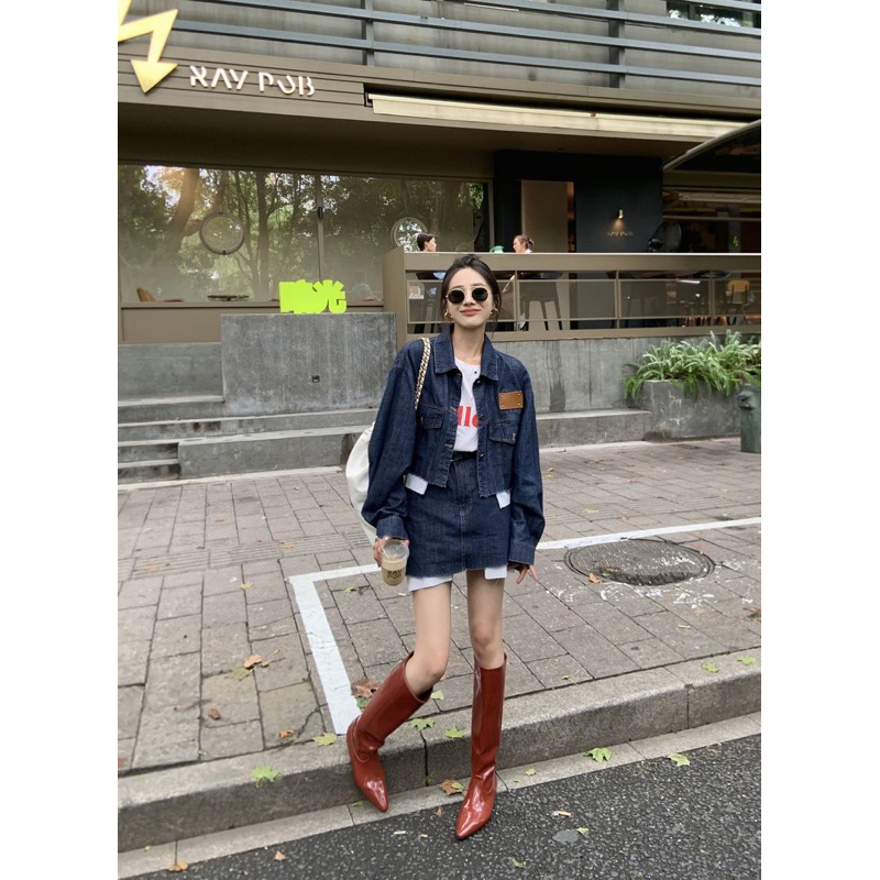 Set áo khoác và chân váy jean denim phối viền rách sơ mi retro cá tính vintage hot ulzzang