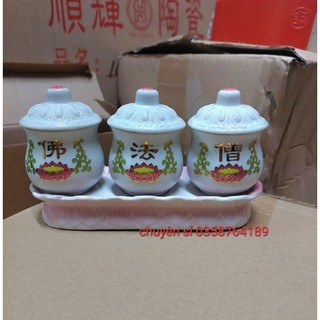 Bộ ly nước thờ cúng màu hồng sứ tráng men cao cấp