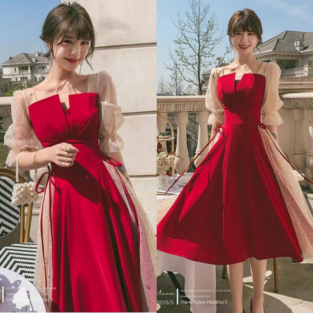 Đầm váy nữ sang chảnh dự tiệc họa tiết tay dài bèo phối lưới kim sa cột nơ eo siêu xinh cùng tone đỏ tôn da, tôn dáng