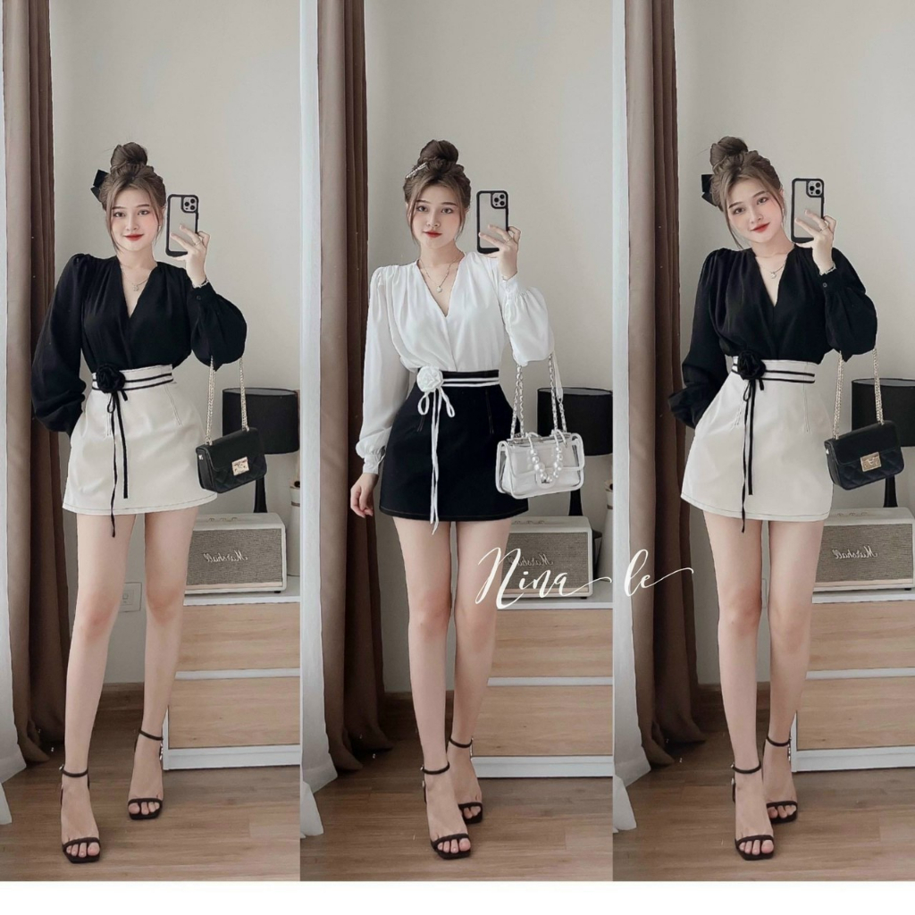 Set chân váy chữ dai hoa mix áo cổ chữ V dài tay xinh xắn, đáng yêu phù hợp đi chơi, đi tiệc