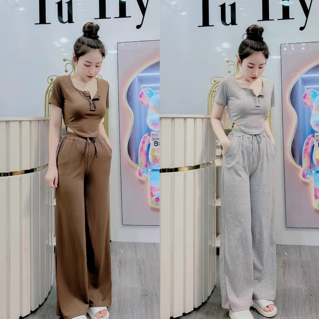 Set bộ thun gân áo tay ngắn vạt bầu mix quần ống rộng cùng tone xinh xắn, phù hợp cho các chị em đi chơi, đi dạo phố
