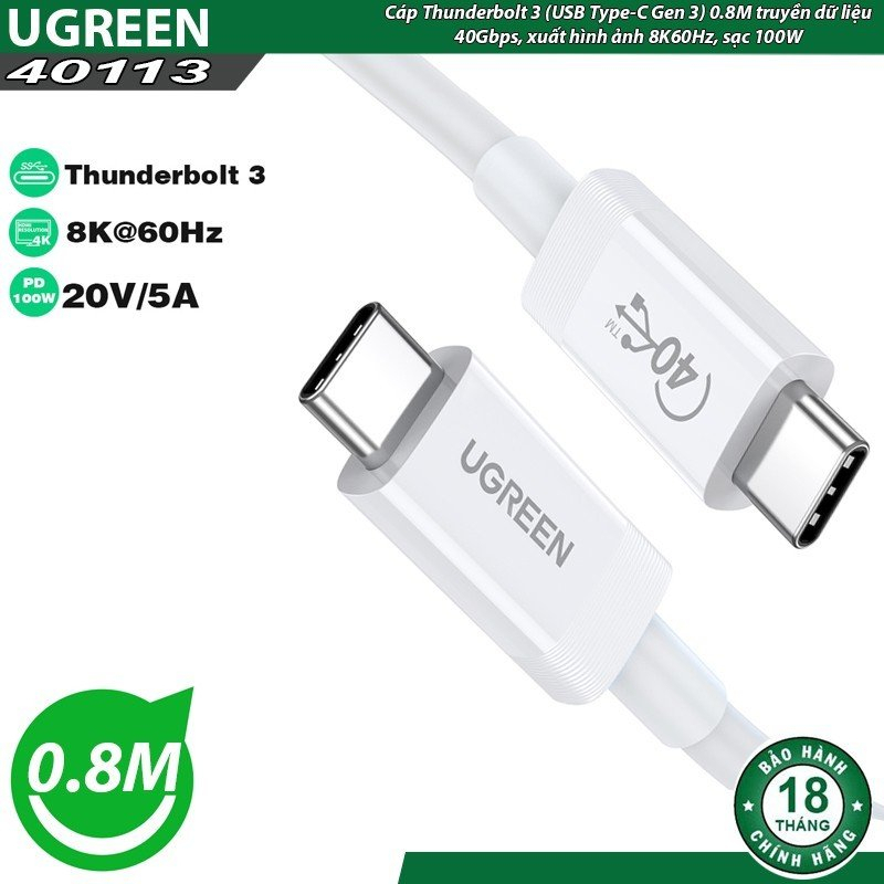 Dây Cáp Thunderbolt 3 Ugreen 80324 40113 US506 US341 Chính Hãng ( PD100W 40Gbps-USB Type C-GEN 3 )