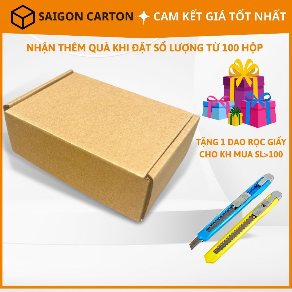 Thùng giấy carton nắp gài đóng gói hàng online size 12x8x5 cm bộ 100 cái + Tặng 1 dao rọc giấy -sản xuất SÀI GÒN CARTON
