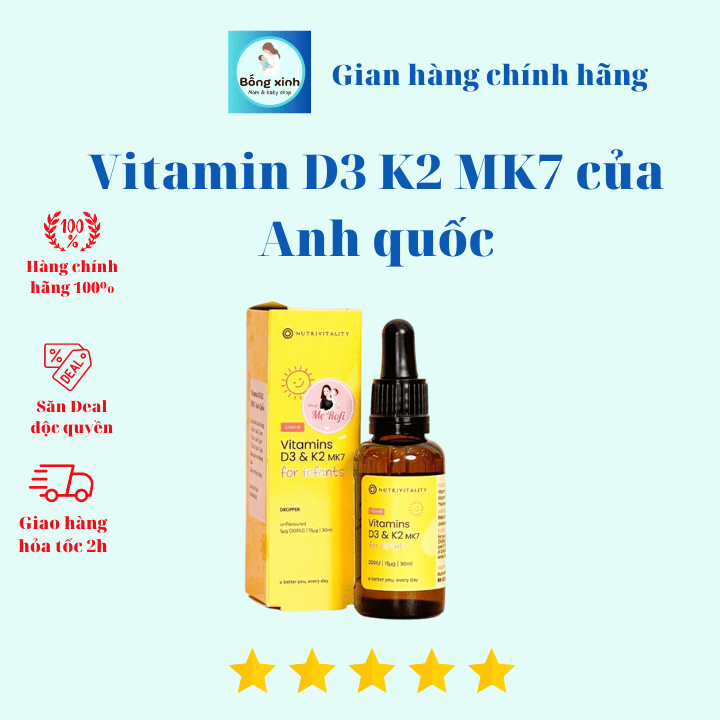 Vitamin D3 K2 MK7 của Anh quốc dạng giọt, tăng chiều cao cho trẻ sơ sinh và cho bé - 30ml