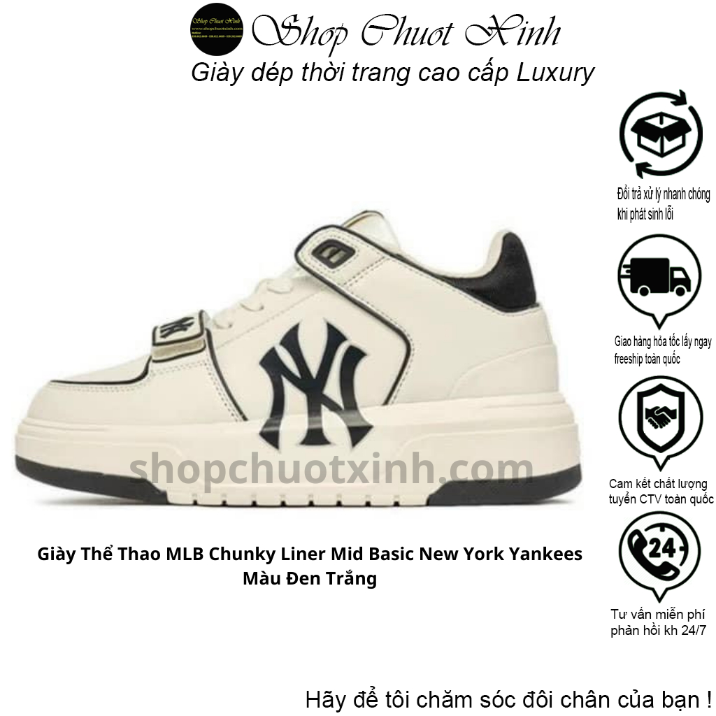 Giày MLB chunky mid liner new york yankees màu đen trắng bản trung full size nam nữ đủ phụ kiện bill box túi hộp