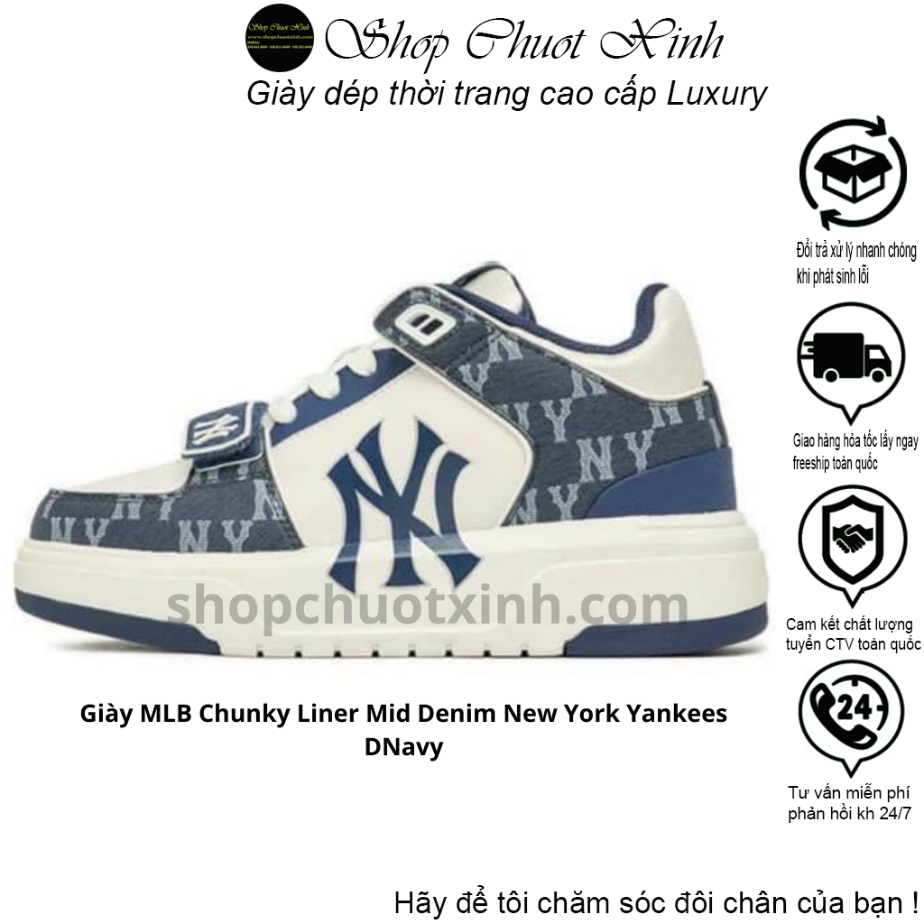 Giày thể thao MLB chunky liner mid denim new york yankees sox màu xanh navy bản trung full size nam nữ đủ phụ kiện