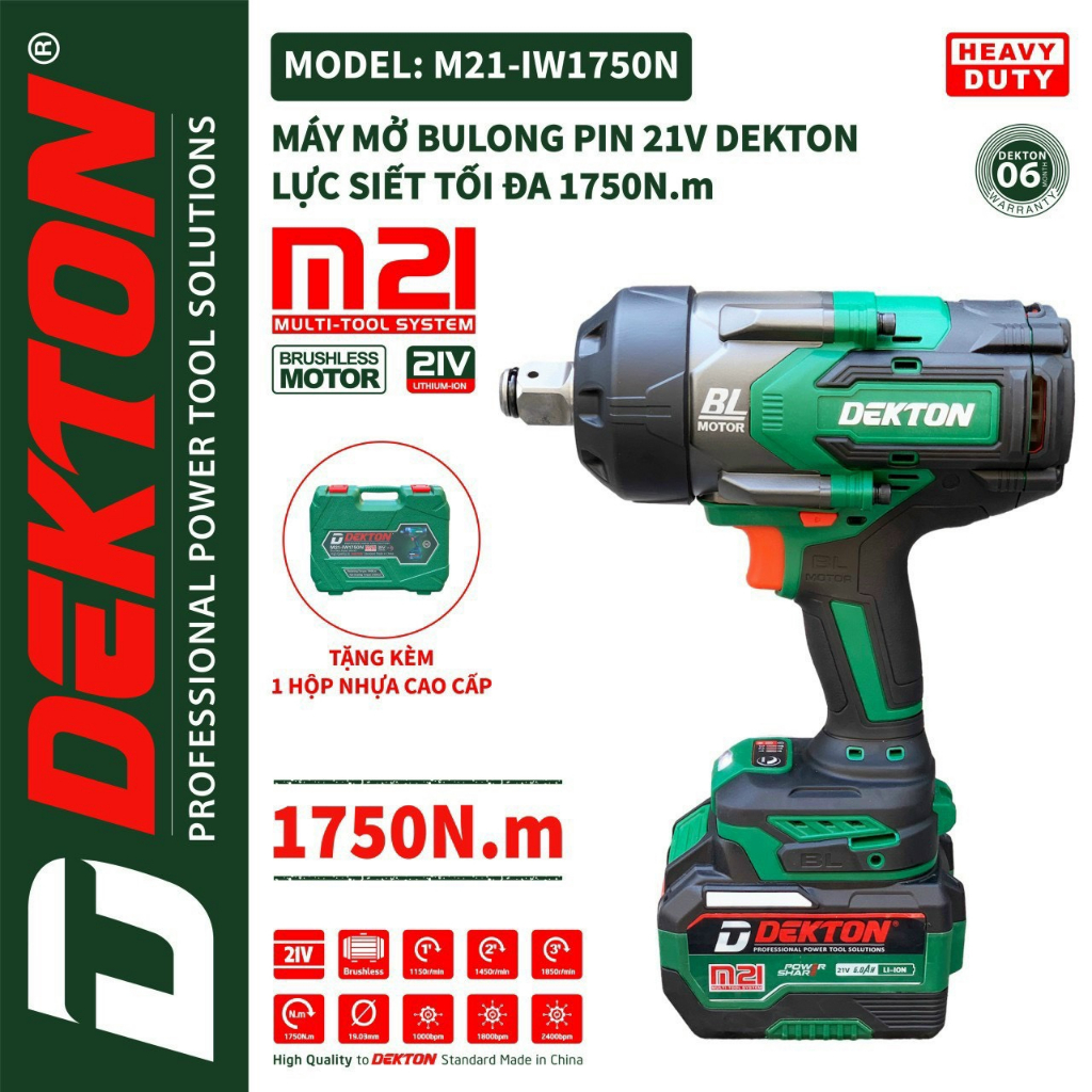 Máy Siết Bulong Dekton M21-IW1750N Lực Siết 1750N.m - Đầu Khẩu 3/4 Inch - Chân Pin Phổ Thông