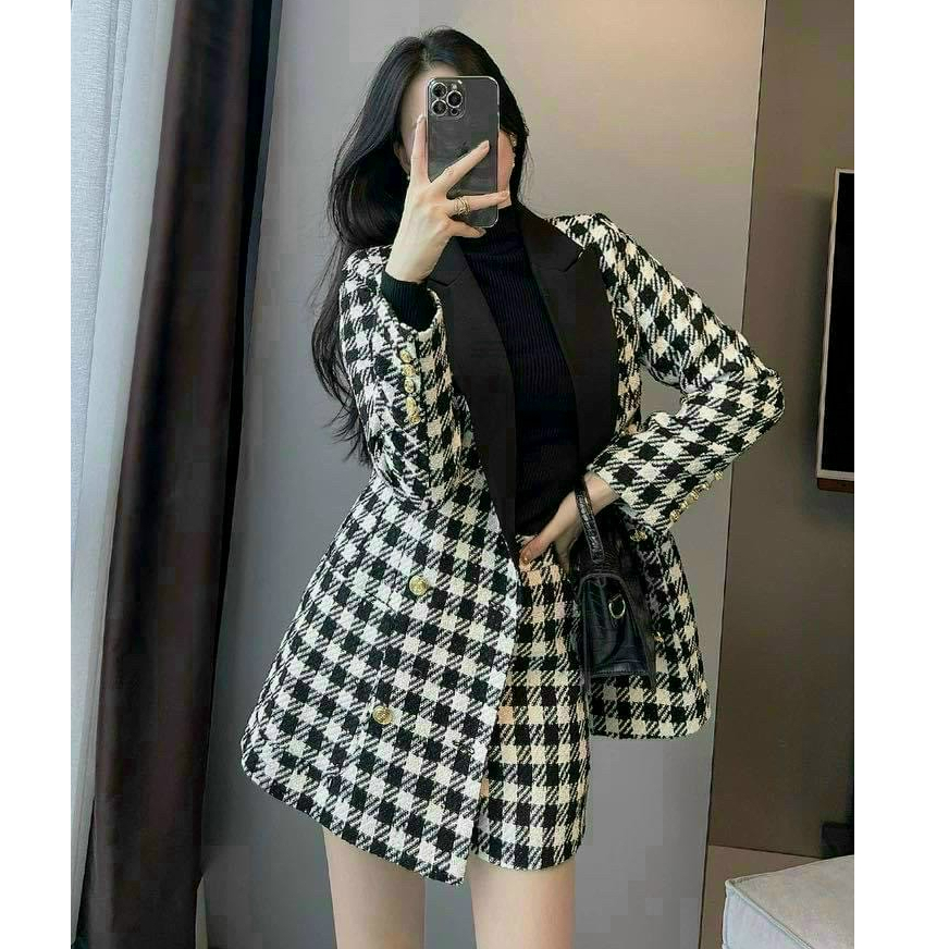 Set 3 món áo thun kèm áo khoác dài tay mix quần form rộng họa tiết caro đáng yêu