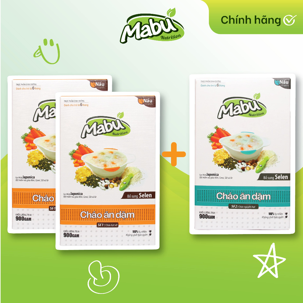 Combo ăn dặm Mabu tăng thô tháng 9 - 10 (2 cháo hạt vỡ 900g + 1 cháo nguyên hạt 900g), bột cháo nấu ăn dặm cho bé
