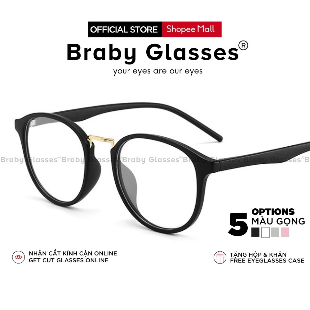 Gọng kính mắt tròn trong suốt nhựa dẻo không gãy siêu nhẹ Braby Glasses cầu kính kim loại nổi bật thời trang nam nữ MK24