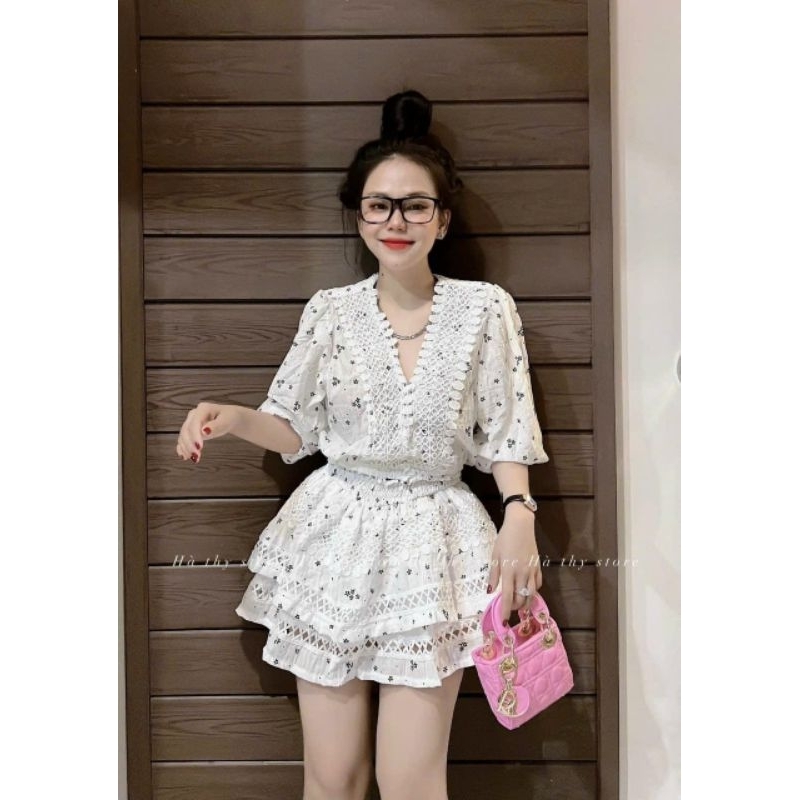 Set Áo Tay Phồng Viền Cổ V Ren Xịn + Chân Váy 2 Tầng Viền Ren Lưng Thun Ảnh Thật Trải Sàn 2 Màu