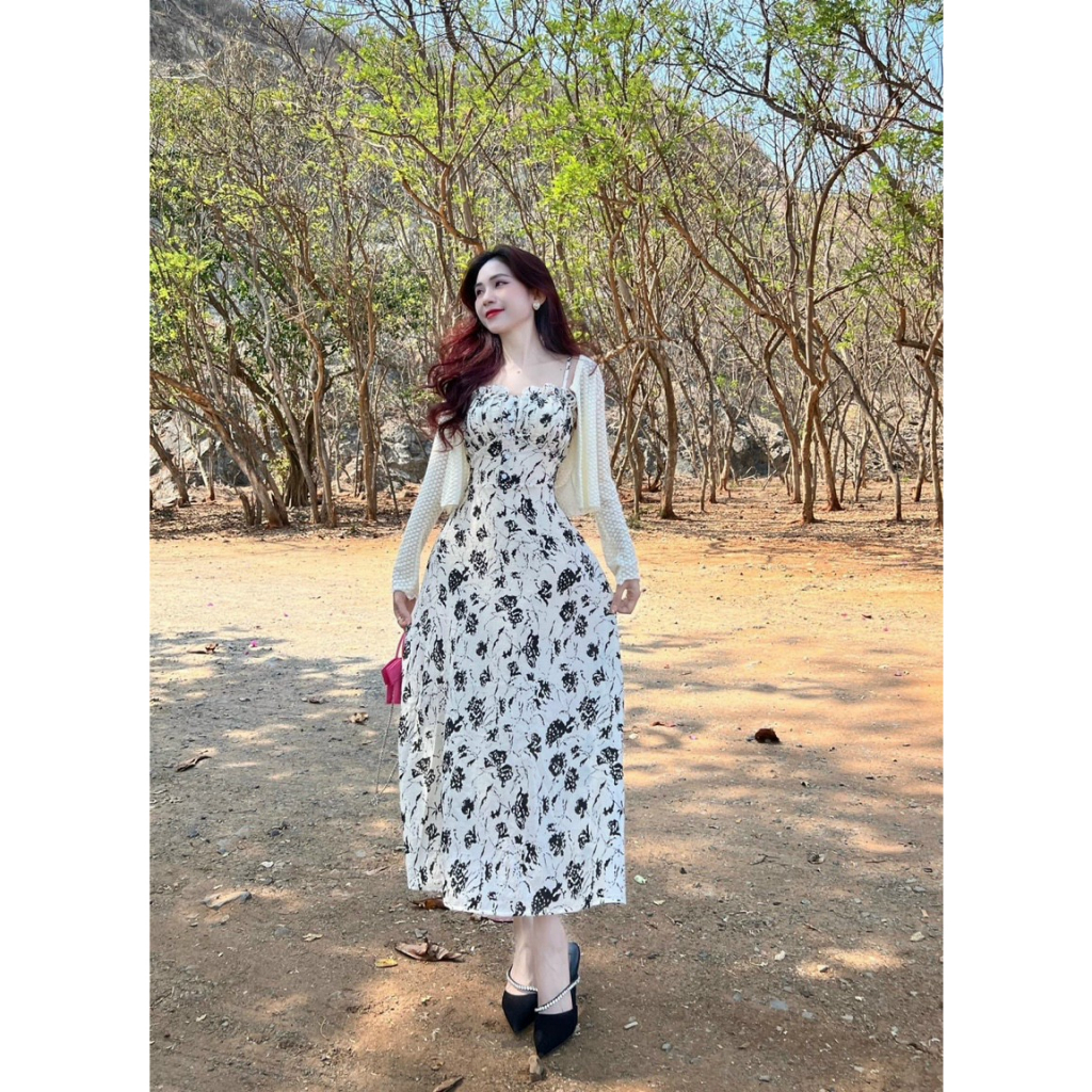 Sét váy nữ 2 món đi biển,đầm hoa nhí 2 dây dáng dài kèm khoát lưới siêu xinh,thời trang hè cho ngàng xinh xĩu