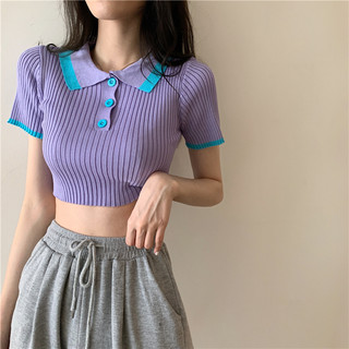 Áo croptop thun gân tay ngắn cổ bẻ phong cách hàn quốc