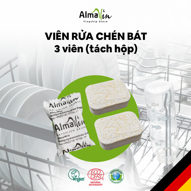 Viên rửa bát Almawin mẫu thử 3 viên, vệ sinh bát đĩa nhanh chóng, tiết kiệm nước, sử dụng chuyện dụng máy rửa bát