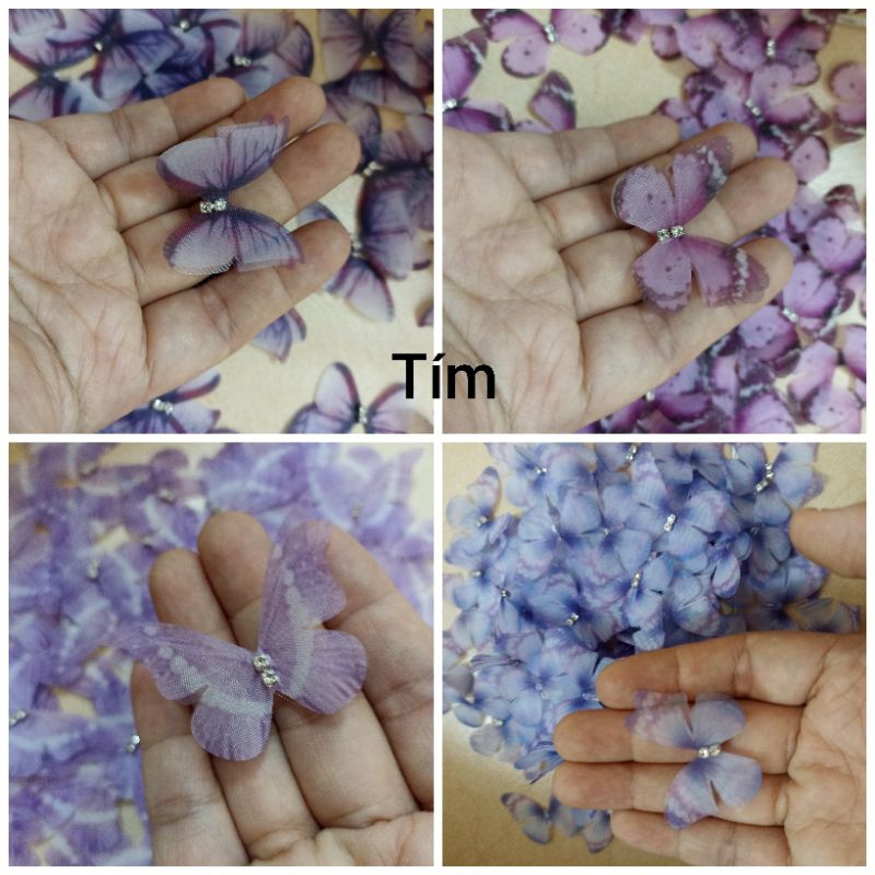 Set 50 con bướm voan 2 lớp đính đá trang trí bướm vải bướm lụa