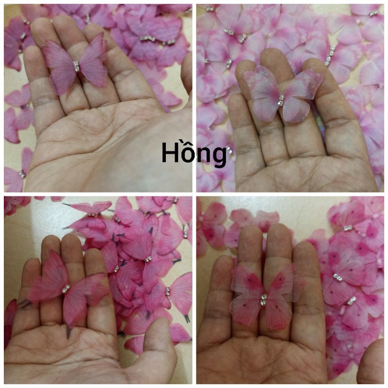 Set 50 con bướm voan 2 lớp đính đá trang trí bướm vải bướm lụa
