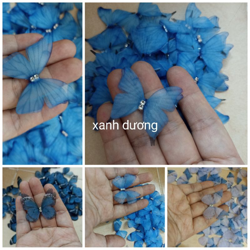 Set 50 con bướm voan 2 lớp đính đá trang trí bướm vải bướm lụa