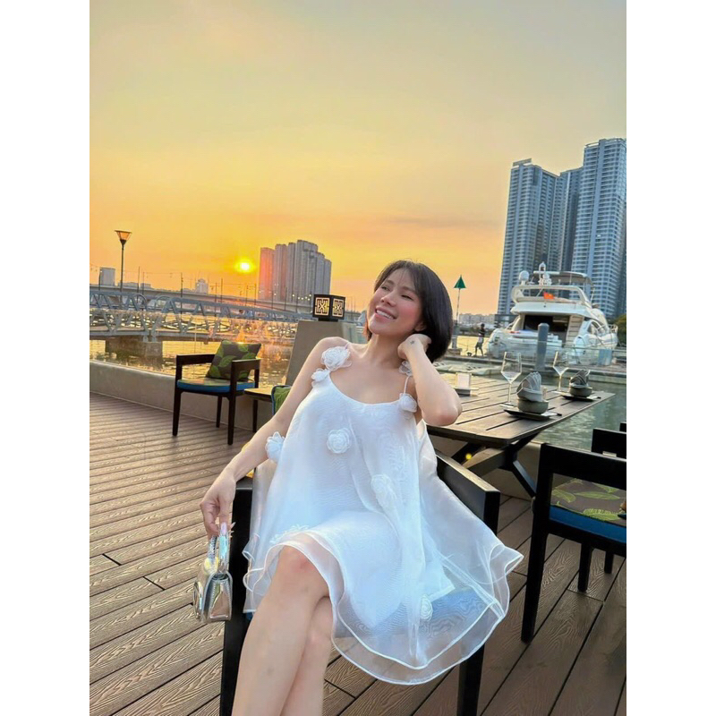 Đầm 2 dây hoa vải tơ nhiều lớp