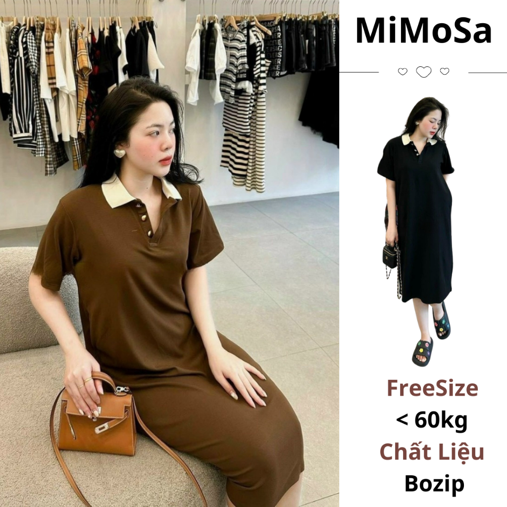 Đầm Suông Dài Phối Cổ Đức Mimosa, Váy Polo Nữ Dáng Dài Chất Liêu Bozip 169