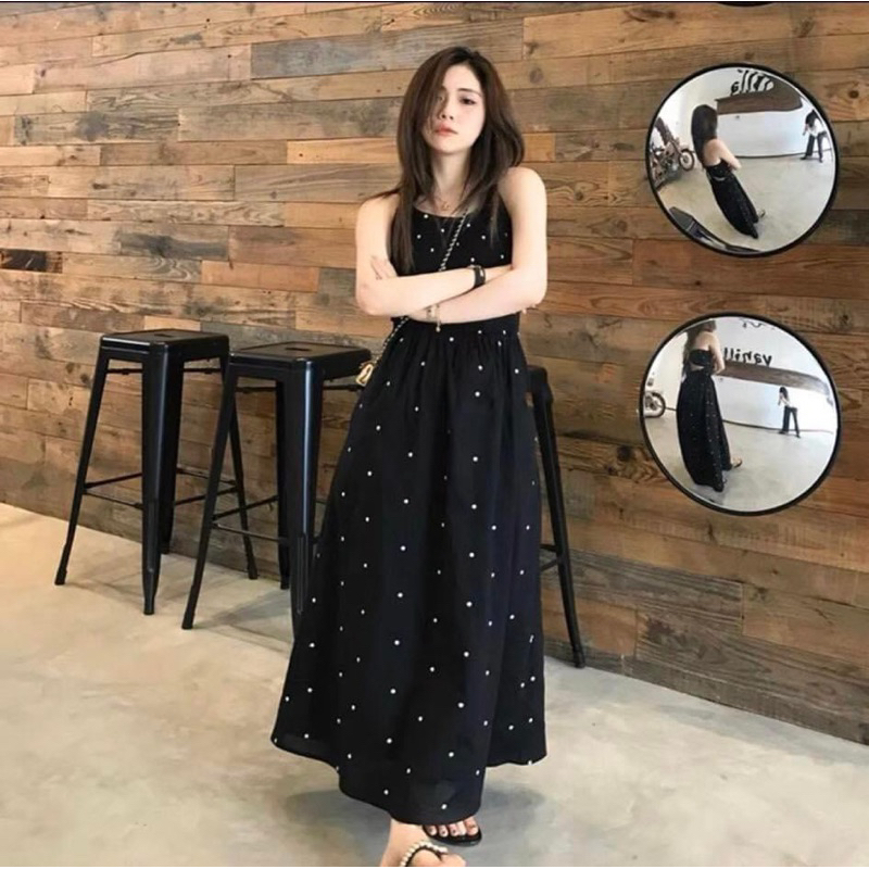 Đầm maxi chấm bi màu đen cổ yếm