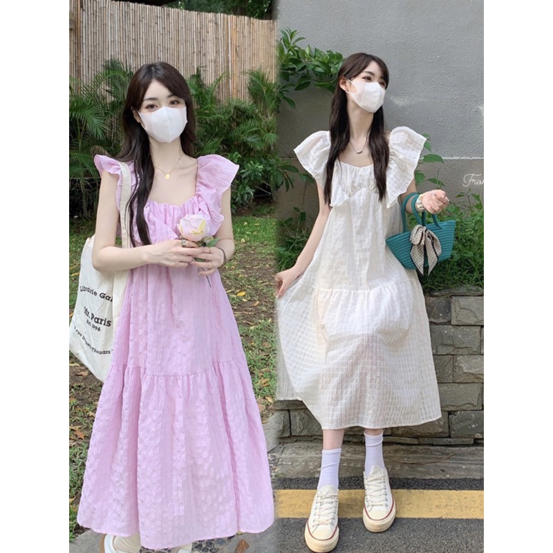 Váy nữ maxi đan lưng tay cánh tiên dáng xoè trắng-tím