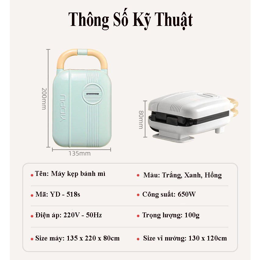 Máy Kẹp Ép Bánh Mì Làm Sandwich - Máy Làm Bánh Đa Năng Tiện Dụng Công Suất 600W - BH 6 Tháng