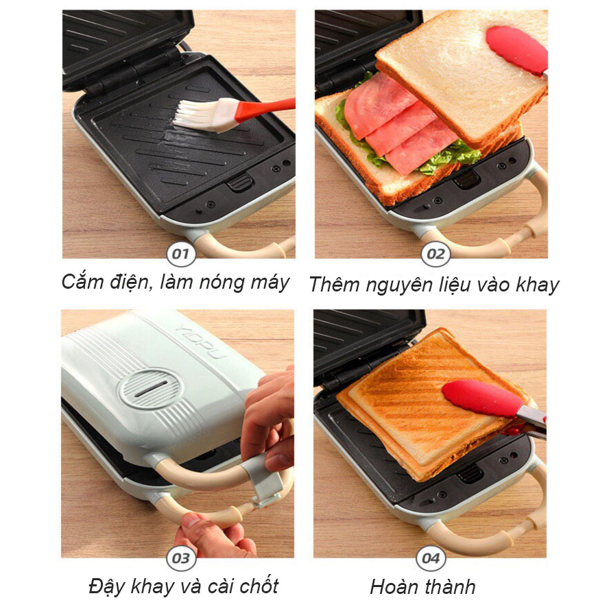 Máy Kẹp Ép Bánh Mì Làm Sandwich - Máy Làm Bánh Đa Năng Tiện Dụng Công Suất 600W - BH 6 Tháng