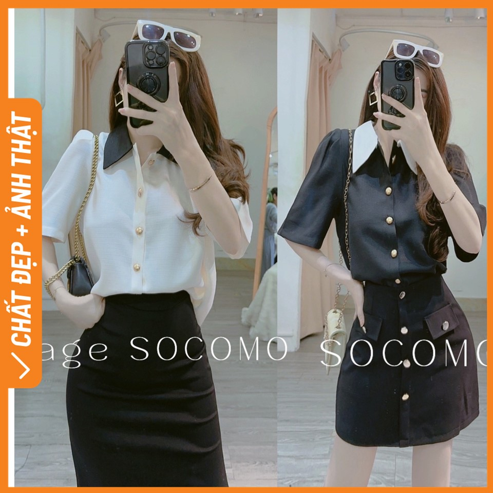 Áo sơmi công sở chất xốp cổ vest pha đen Socomo A372023 - Hàng loại 1, chất đẹp - Giá tốt