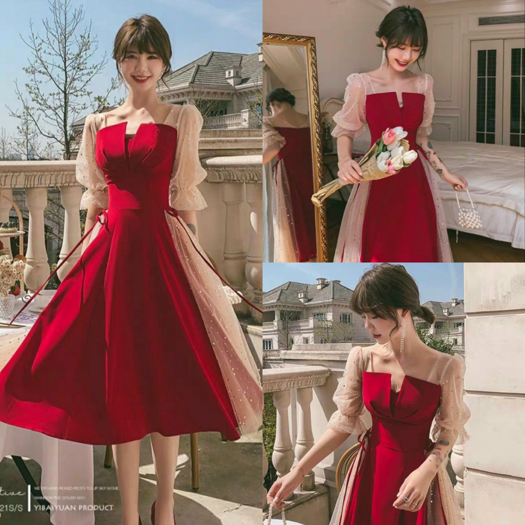 Đầm váy nữ tay lỡ phối lưới kim sa trẻ trung dễ thương họa tiết xếp ly ngực, cột nơ eo tôn dáng ( có mút ngực ) xinh xắn