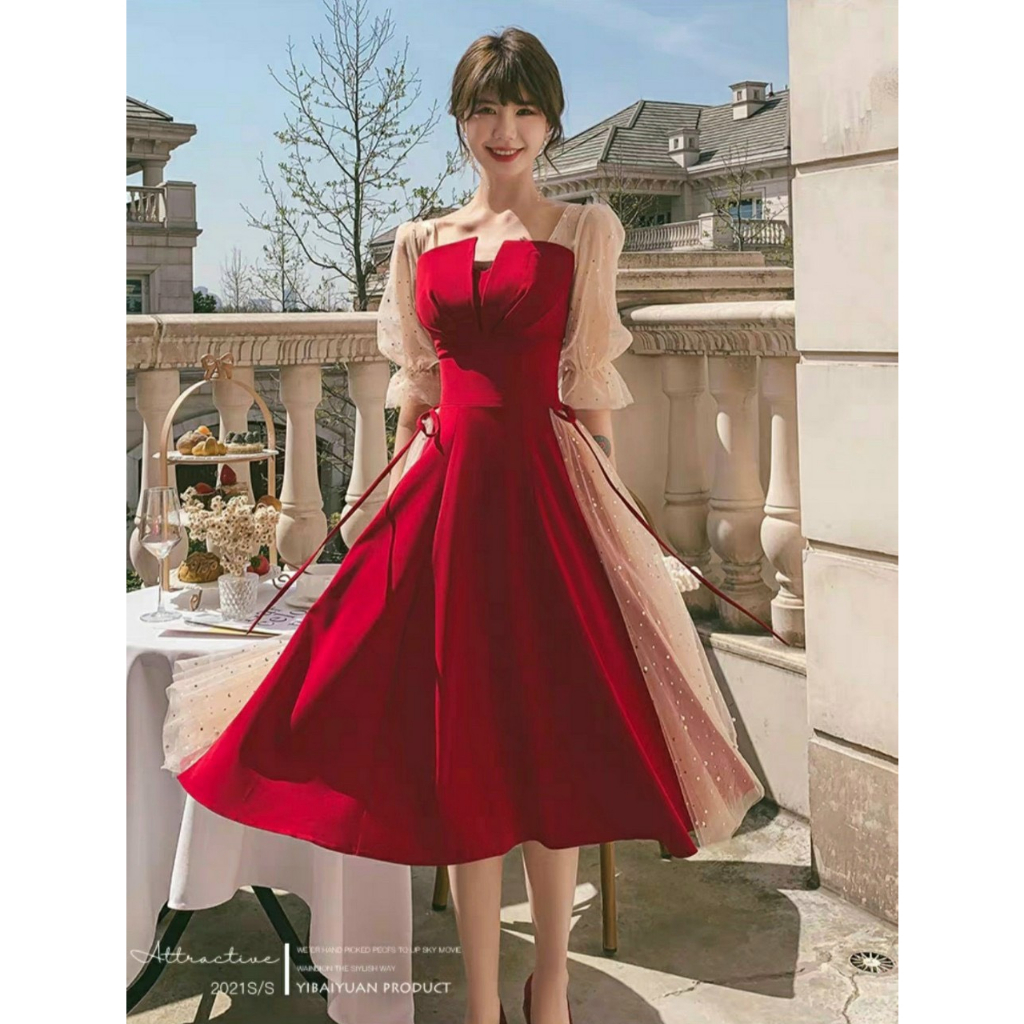 Đầm váy nữ tay lỡ phối lưới kim sa trẻ trung dễ thương họa tiết xếp ly ngực, cột nơ eo tôn dáng ( có mút ngực ) xinh xắn