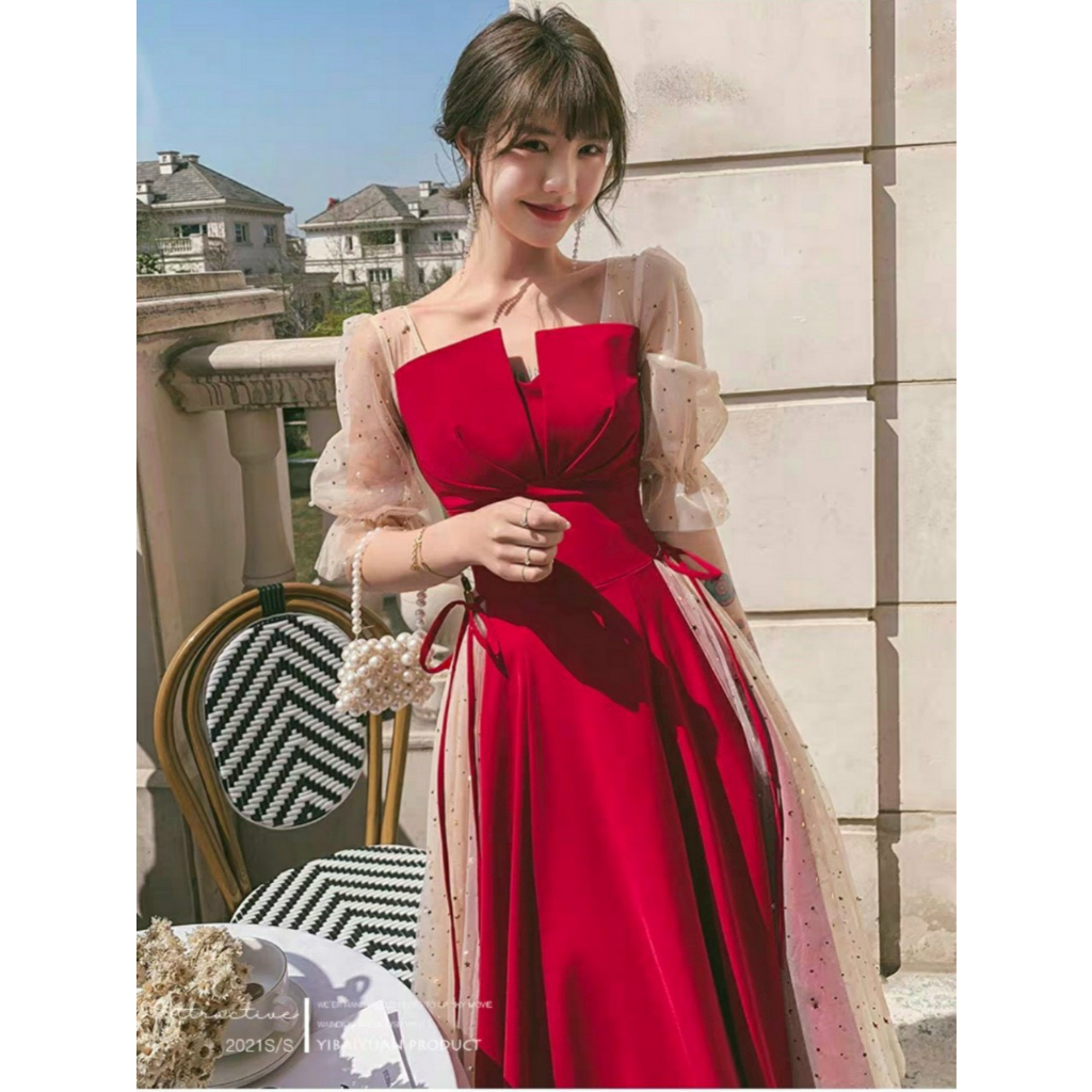 Đầm váy nữ tay lỡ phối lưới kim sa trẻ trung dễ thương họa tiết xếp ly ngực, cột nơ eo tôn dáng ( có mút ngực ) xinh xắn