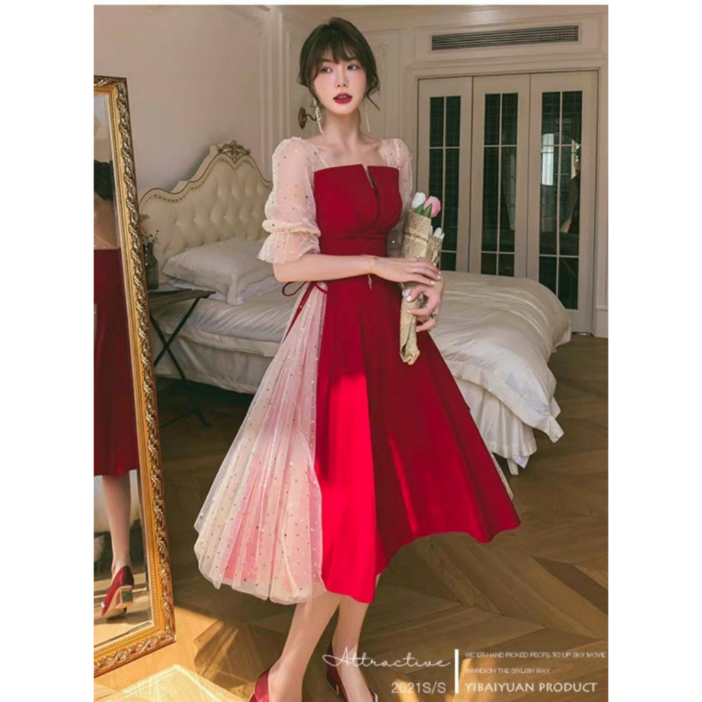 Đầm váy nữ tay lỡ phối lưới kim sa trẻ trung dễ thương họa tiết xếp ly ngực, cột nơ eo tôn dáng ( có mút ngực ) xinh xắn