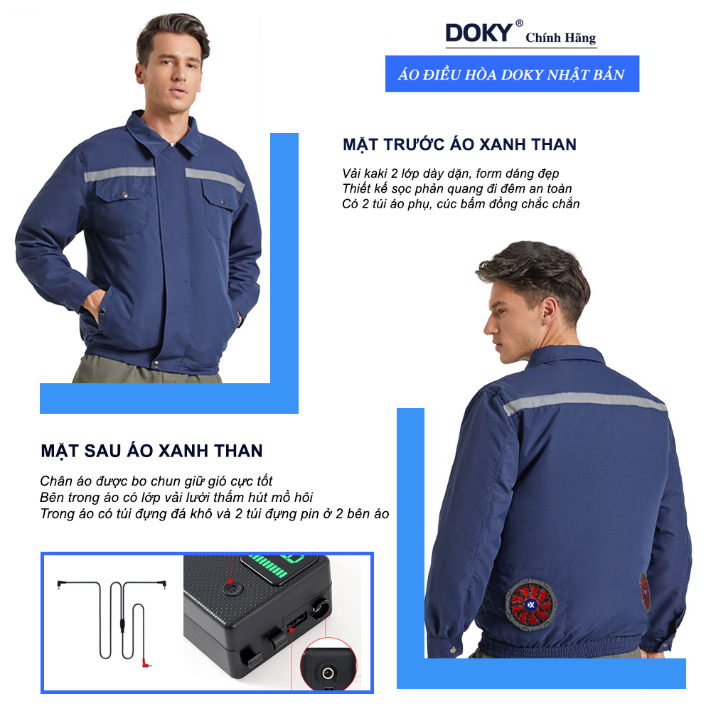 Áo Điều Hoà DOKY Nhật Bản Chính Hãng Chất Liệu Vải Kaki, PIN Dung Lượng Cao,  BH 12 Tháng, Tặng Kèm Đá Khô