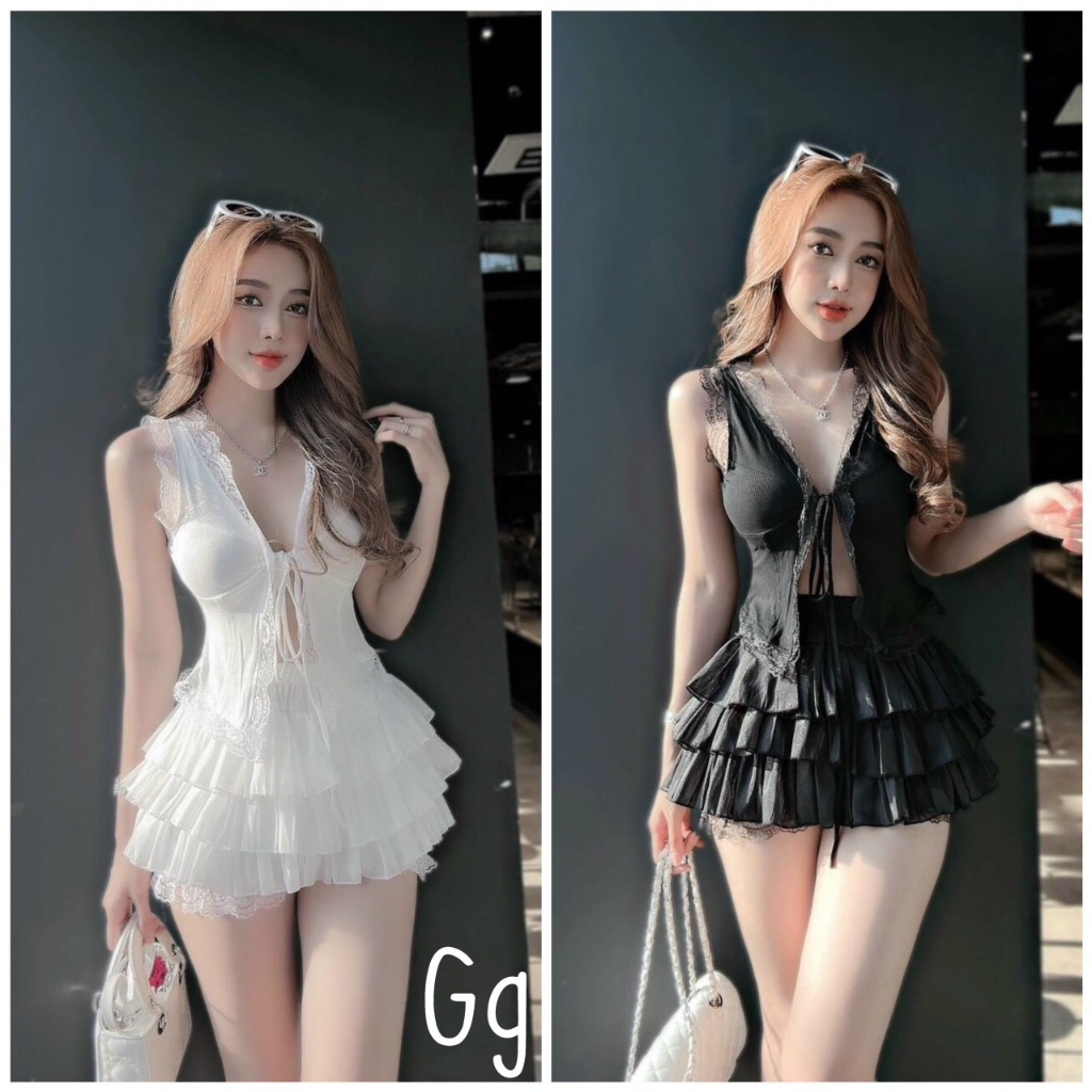 sét bộ cv voan tầng phối áo gân kiểu cột dây viền ren hot