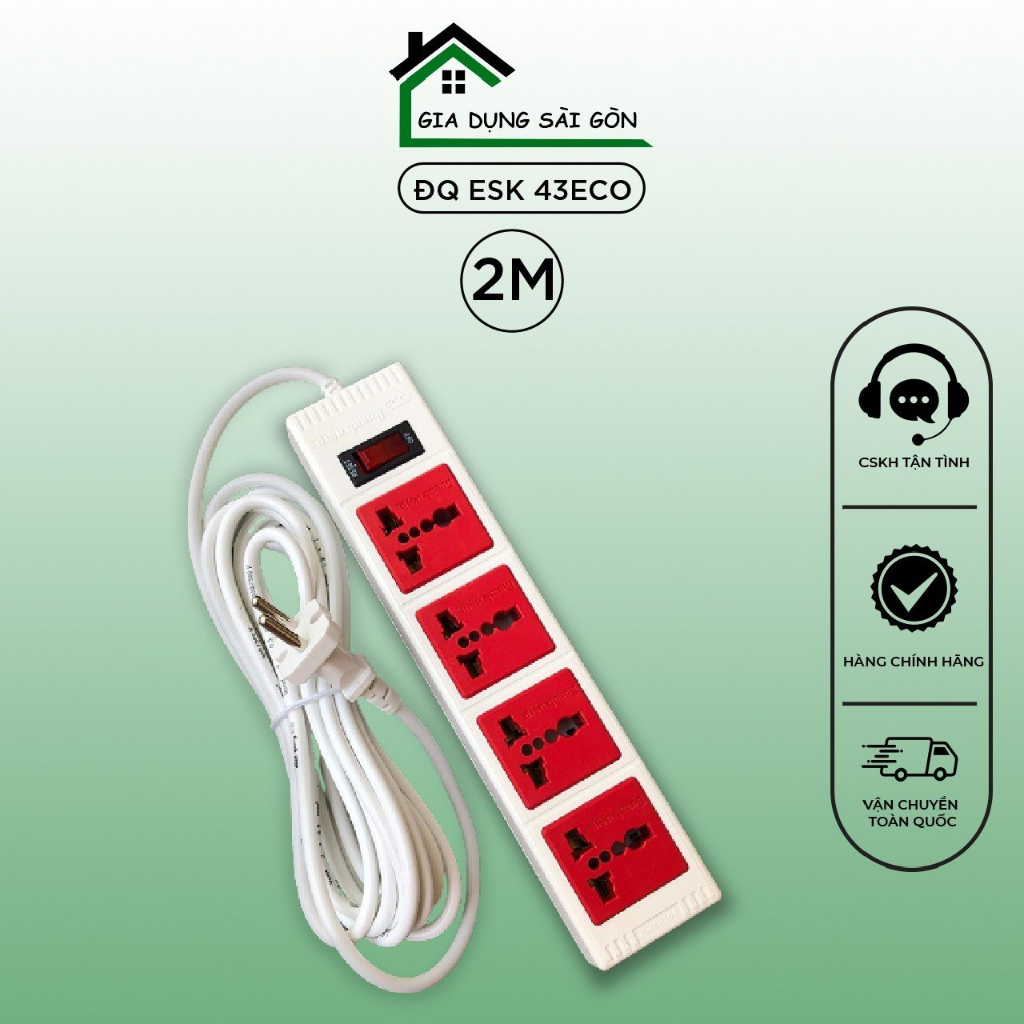 Ổ cắm Điện Quang ECO ĐQ ESK 43ECO (4 lỗ 3 chấu) dây dài 2 mét