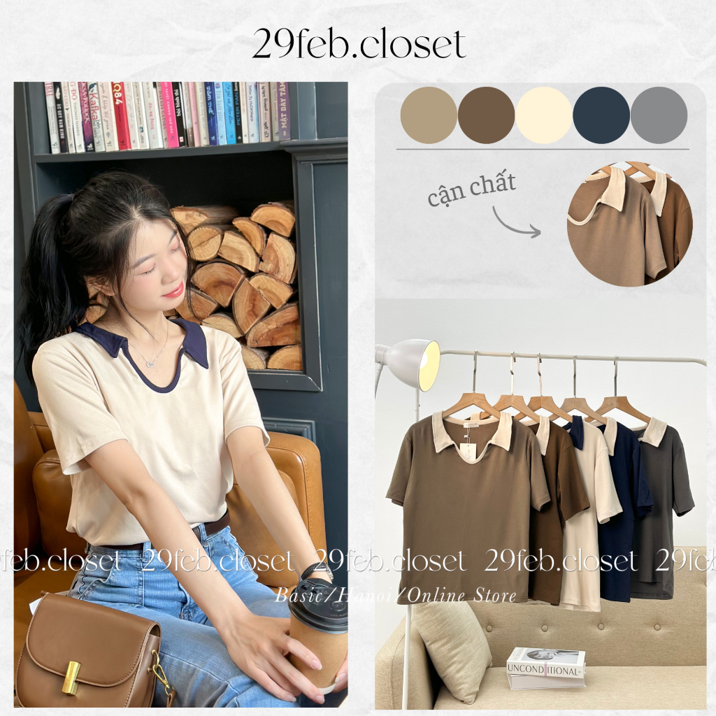 Áo thun zip phối màu cổ V polo - 29feb.closet - A254