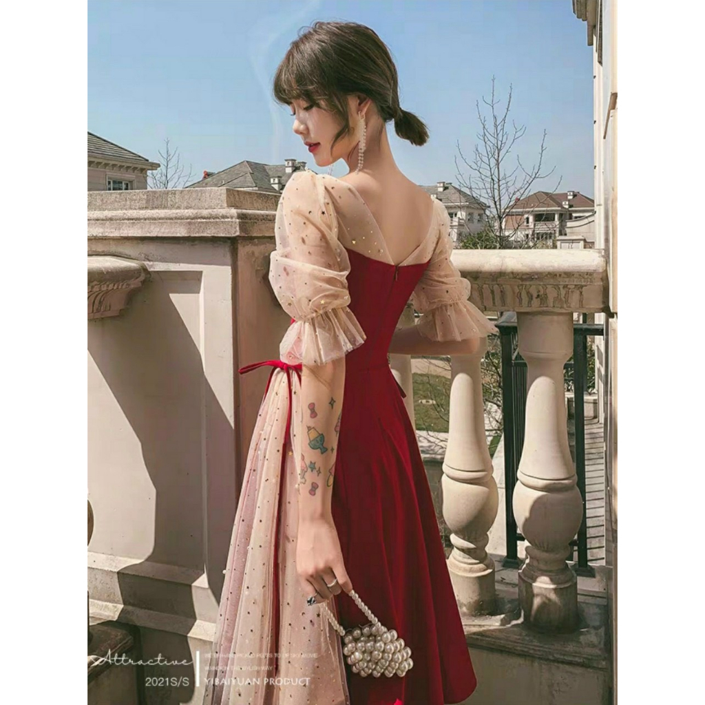 Đầm váy nữ tay lỡ phối lưới kim sa trẻ trung dễ thương họa tiết xếp ly ngực, cột nơ eo tôn dáng ( có mút ngực ) xinh xắn