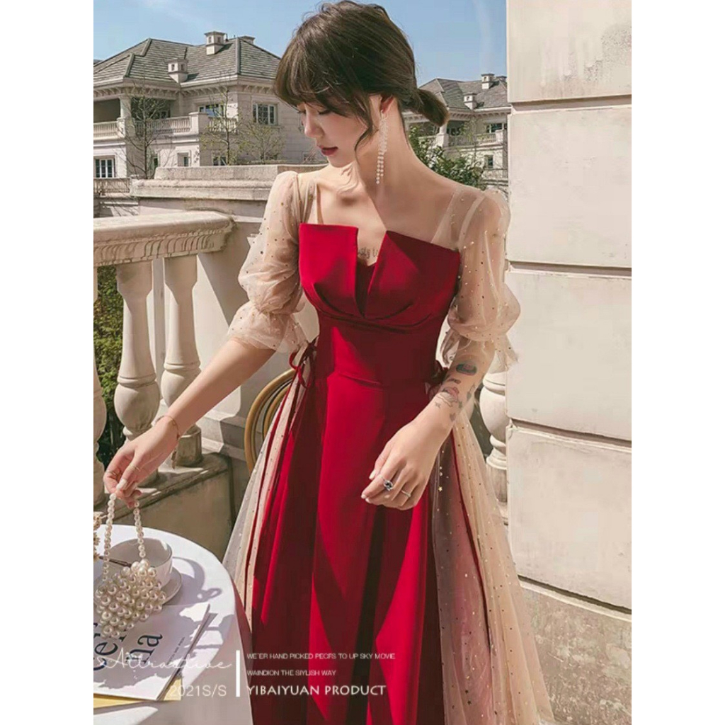 Đầm váy nữ tay lỡ phối lưới kim sa trẻ trung dễ thương họa tiết xếp ly ngực, cột nơ eo tôn dáng ( có mút ngực ) xinh xắn