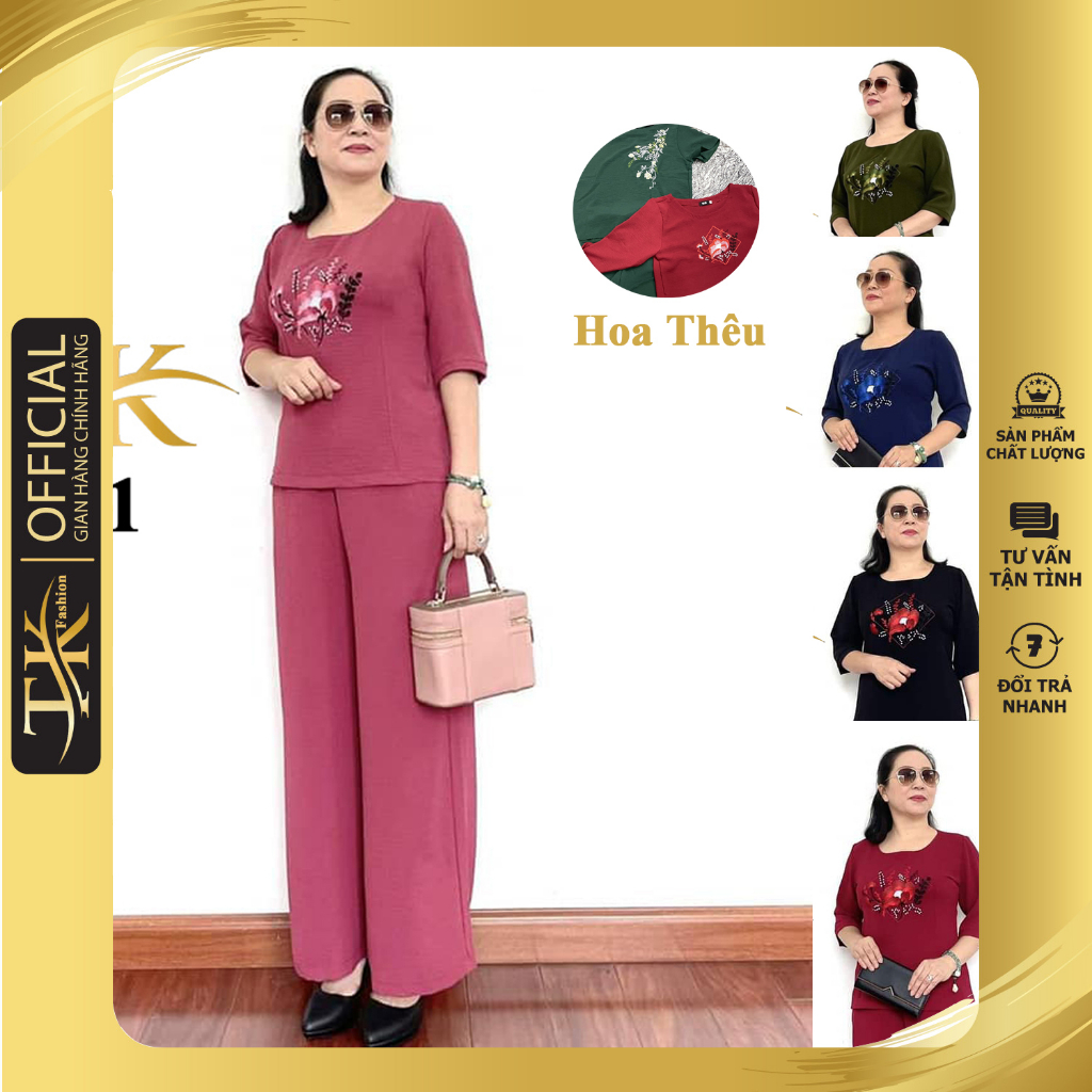 Đồ Bộ Trung Niên Tay Lỡ Dành Cho Mẹ, Cho Bà Chất Vải Đũi Mềm Mịn, Hoa Thêu Tỉ Mỉ, Tôn Dáng Chuẩn