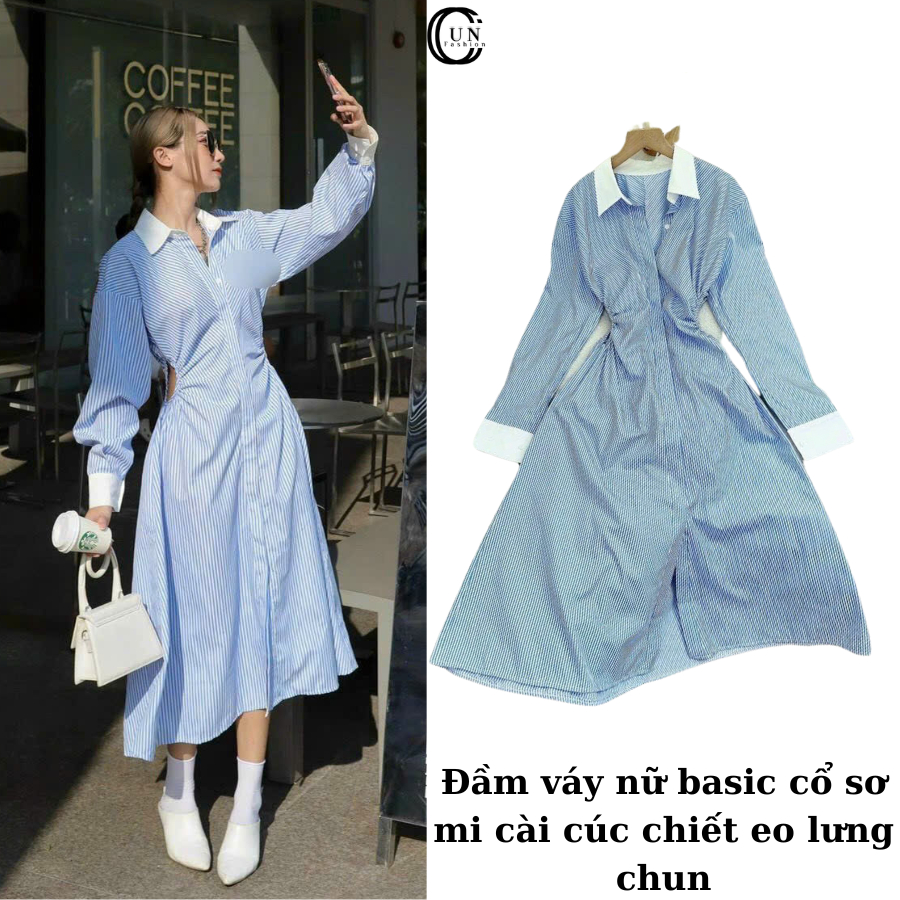 Đầm sơ mi dáng dài cài cúc chiết eo tay và cổ phối màu "Trend Đì ",Váy sơ mi CUNS951 kiểu Mặc đi làm đi chơi đều xinh